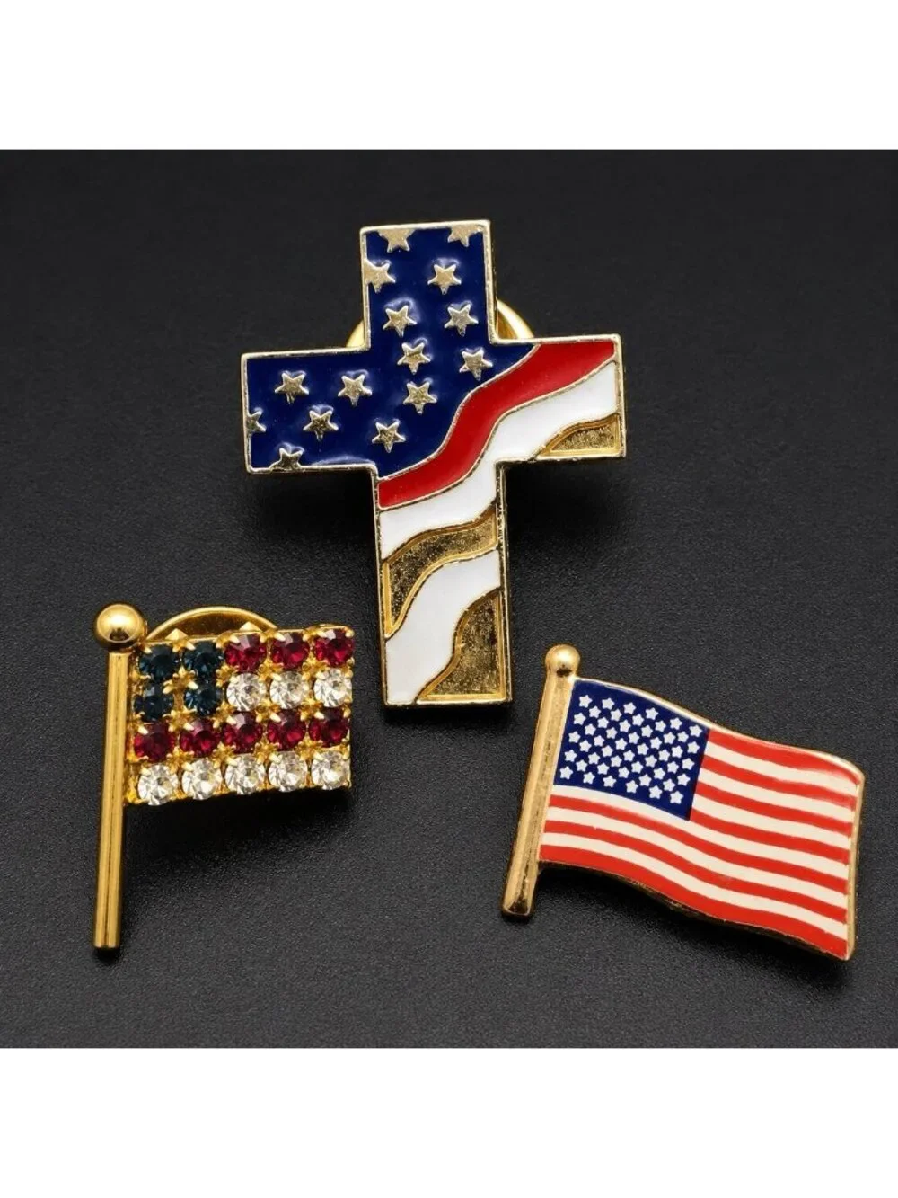 Vintage USA Flag Cross Patriotic Lapel Pin Tie Tack Lot Of 3 Rhinestones